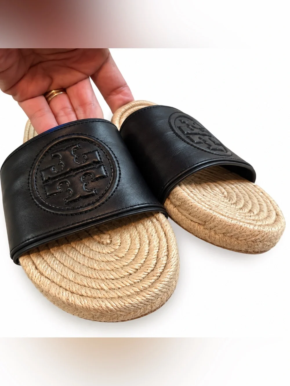 Tory Burch Black Leather Slide Sandals with Natural Rope Footbed